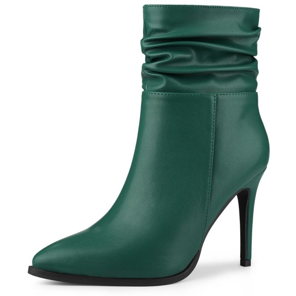 Slouchy Pointed Toe Stiletto Heel Ankle Boots Dark Green